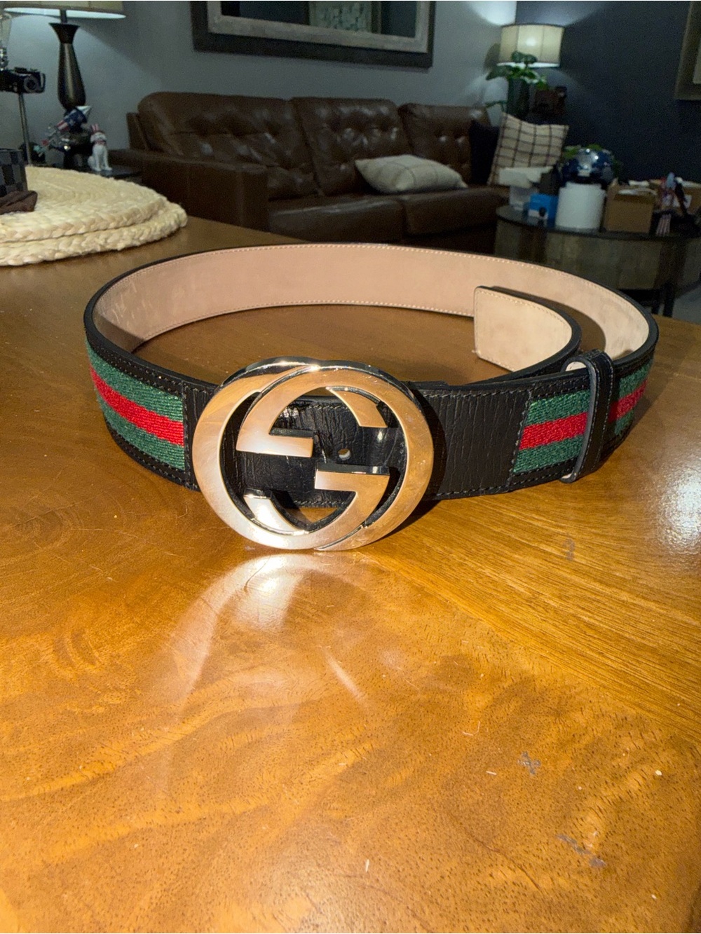 Gucci Black Leather Belt with Red and Green Web and GG Buckle